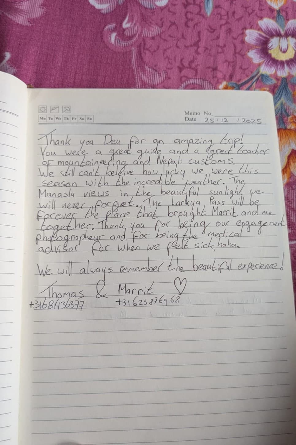 Handwritten guestbook review from Thomas & Marrit