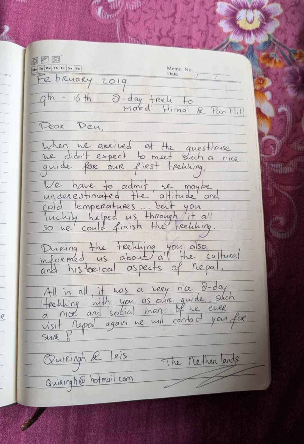 Handwritten guestbook review from Quiringh & Iris